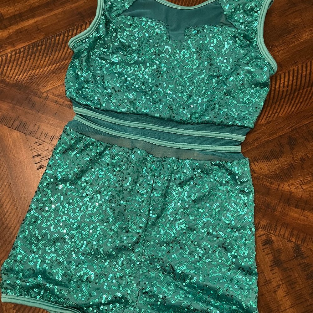 Turquoise Romper Dance Costume w/ Sequins, Size Adult Small
